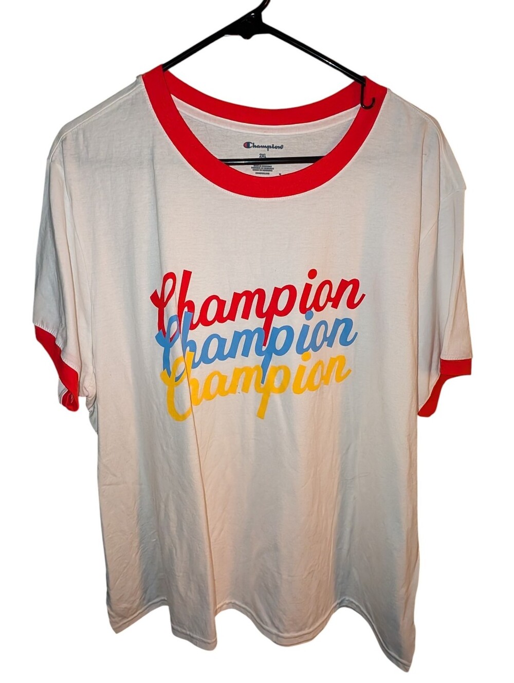 Champion White Short Sleeve Ringer Tee with Red Trim and Multicolor Logo